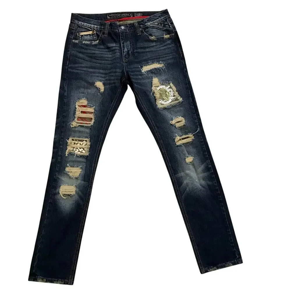 Heritage America NWOT Rip and Repair Dark Wash Skinny Jeans Men 34